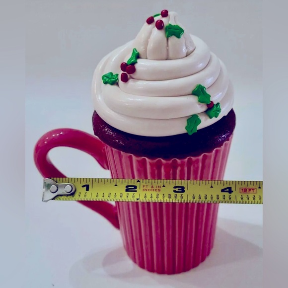 Christmas Cupcake Shape Coffee Mug Cup By Ganz Whipped Cream Holly Lid 3pc - Picture 12 of 13
